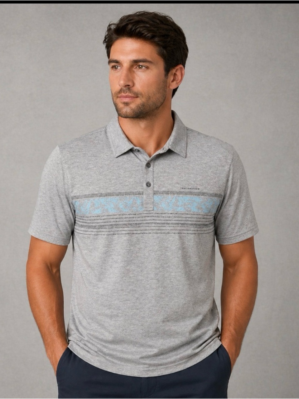 Travis Mathew Gray Polo with Light Blue Stripe